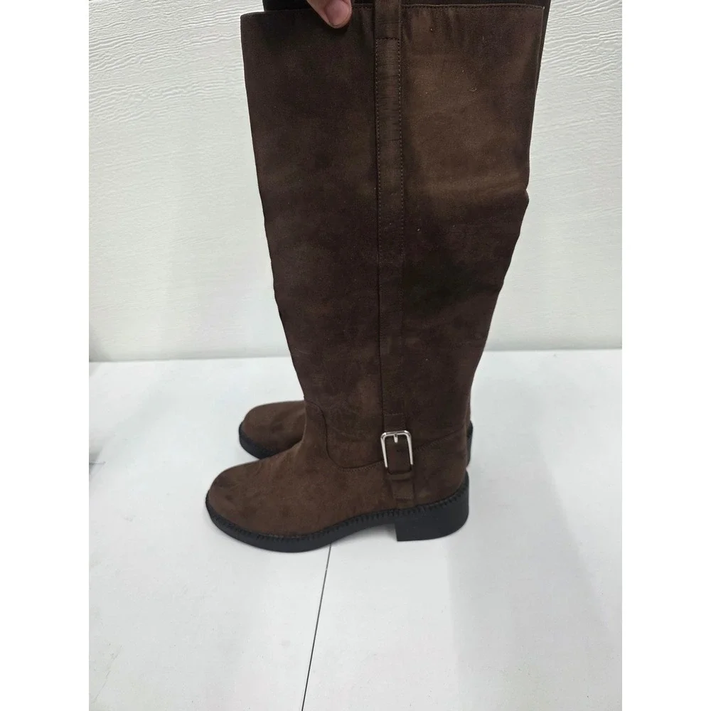 A New Day Womens Brown Suede Tall Boots Side Zip Buckle Block Heel Size 7.5 NEW